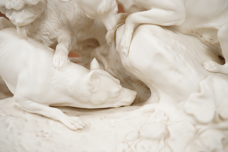 After Pierre-Jules Mene (1810-1879), a parian group, 'Le Chasse au Lapin', 31cm